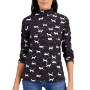 NWT Karen Scott Black Mock Turtleneck With White Cats and Ribbons - L
